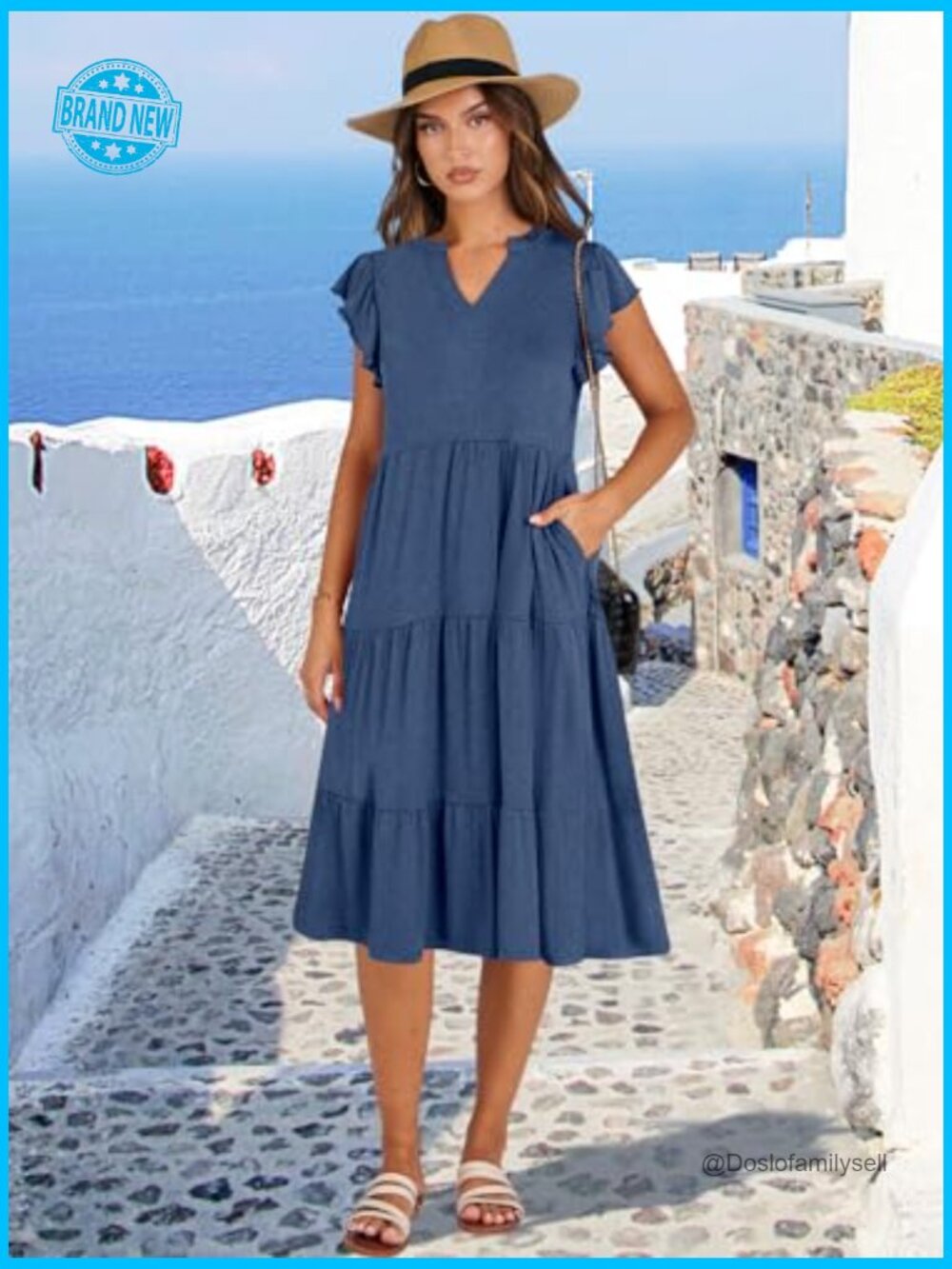 V Neck Ruffle Sleeve Tiered Midi Dress Flowy Casual Boho Beach Vacation Summer - Picture 2 of 7